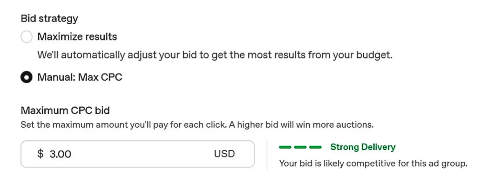 ChatGPT Ads bidding screen showing Manual Max CPC with a $3 maximum CPC bid