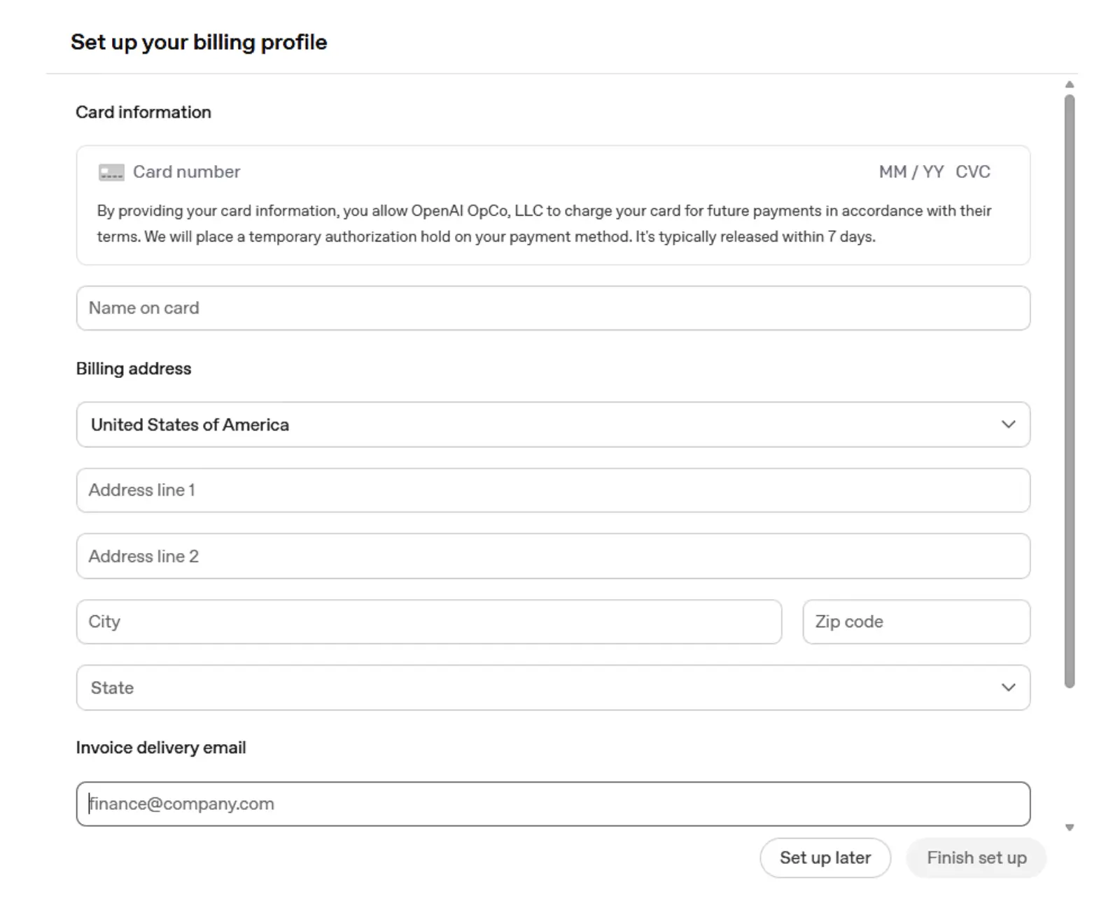 ChatGPT Ads billing profile form