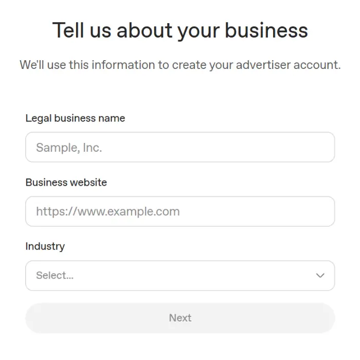 ChatGPT Ads business details form