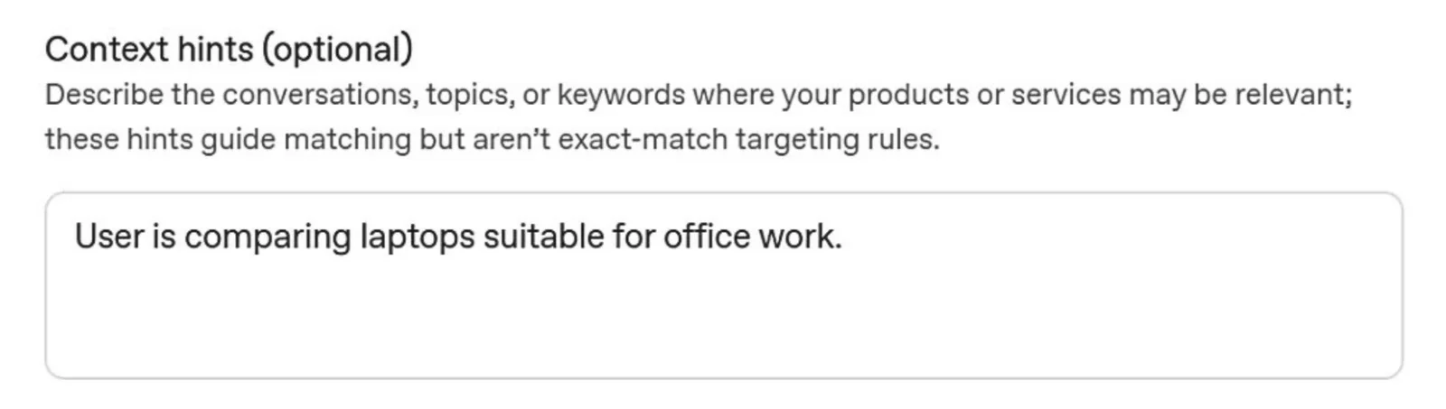 ChatGPT Ads context hint for users comparing laptops for office work