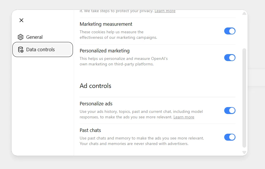 ChatGPT Settings showing Ad controls and personalization options