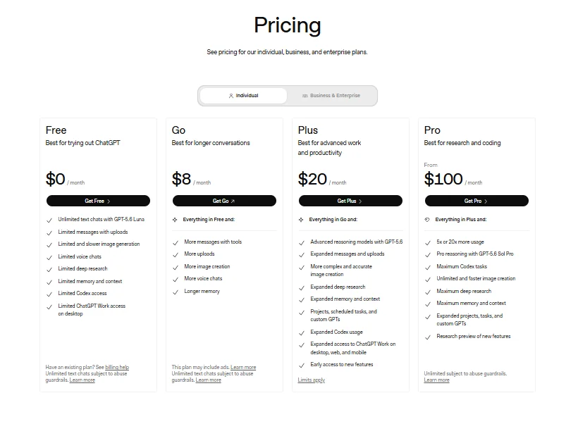 ChatGPT pricing page showing the Free, Go, Plus, and Pro plans