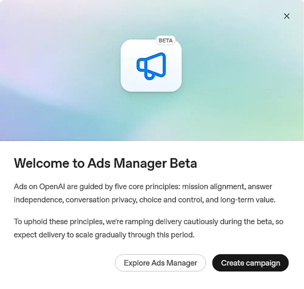 OpenAI Ads Manager Beta welcome screen