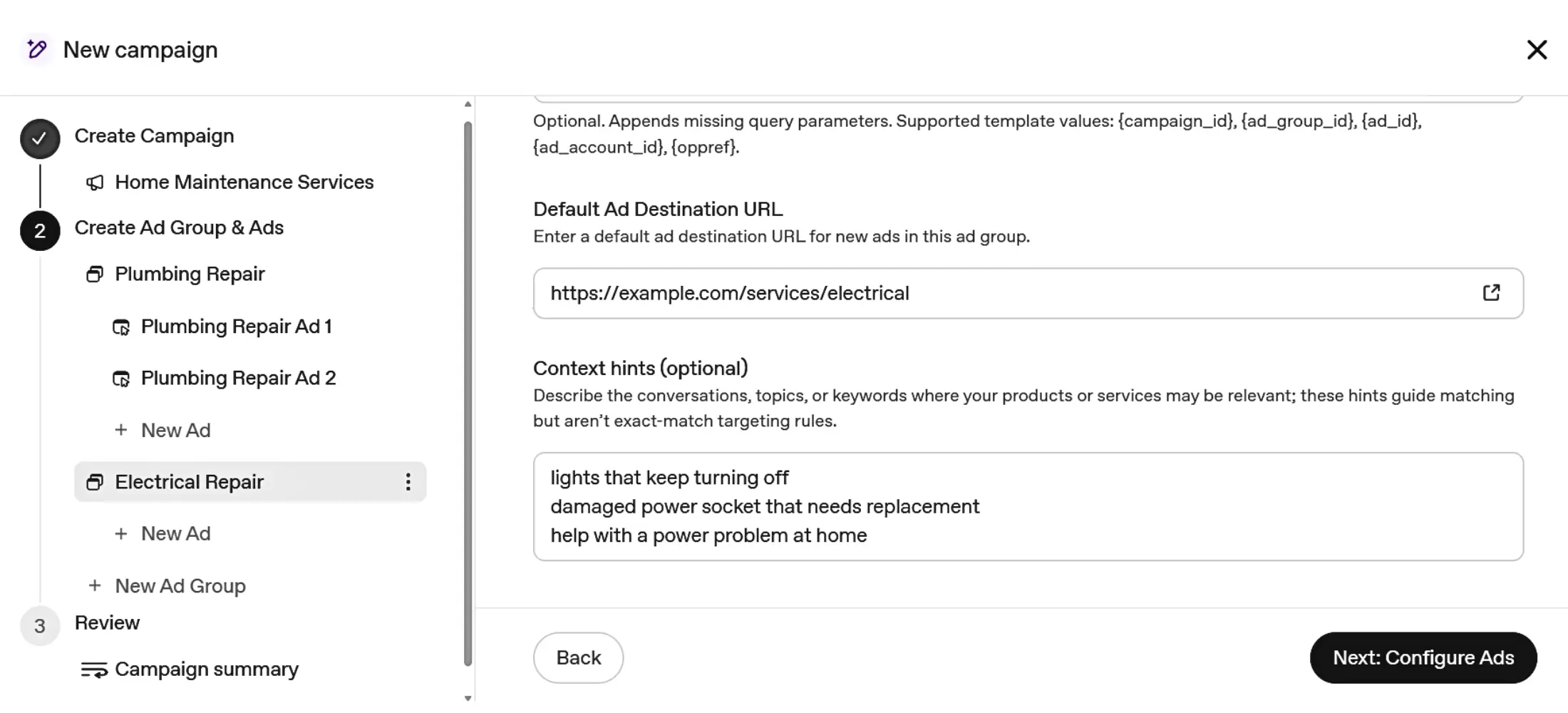 Separate plumbing and electrical ad groups with context hints