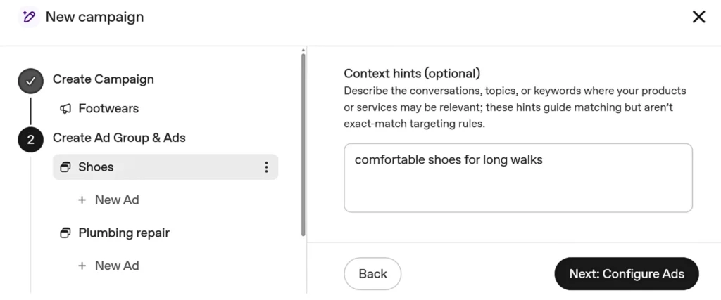 Walking shoes ad group with a comfort-focused context hint