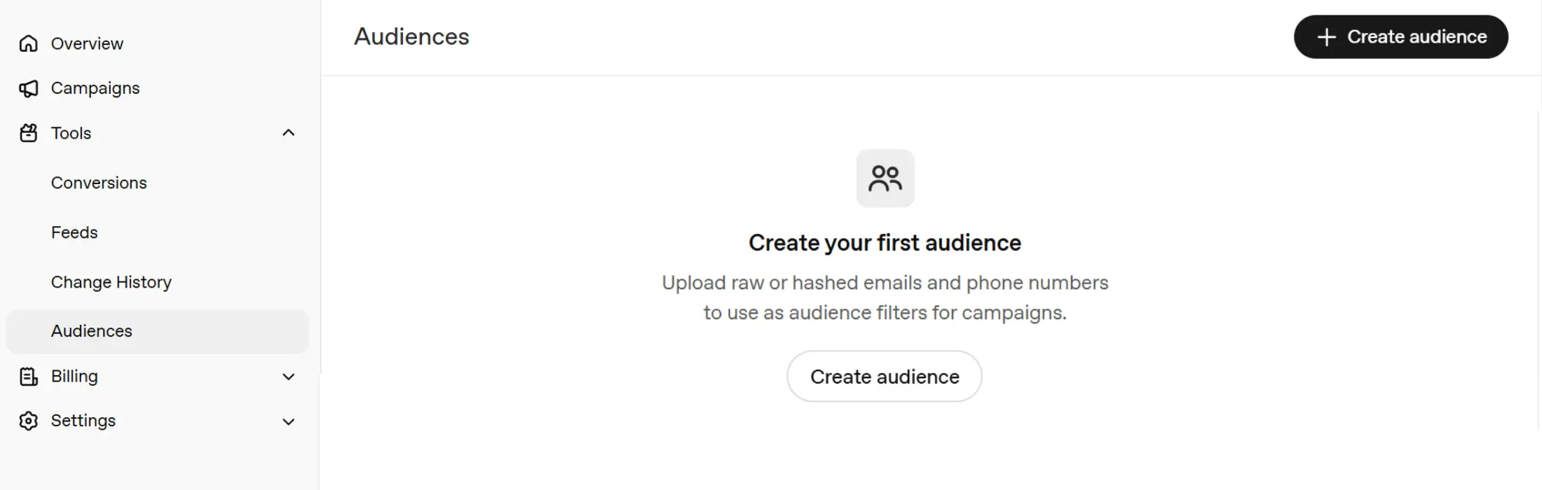 Ads Manager Audiences page with Create audience option