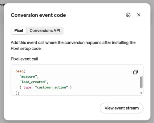 Conversion event code window showing Pixel and Conversions API options