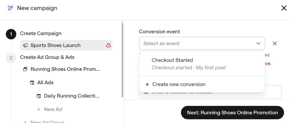 Selecting a conversion event in ChatGPT Ads Manager